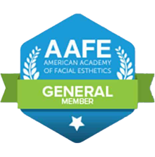 The image shows a logo with a blue background featuring a white laurel wreath and a shield with a star inside, accompanied by text that reads  AFE  at the top and  American Academy of Facial Esthetics  below it, followed by  GENERAL MEMBER  in bold letters.