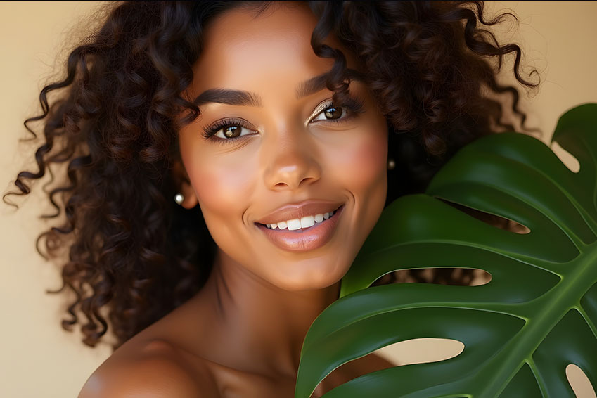 A woman with curly hair and a radiant smile holds a large green leaf in front of her face.