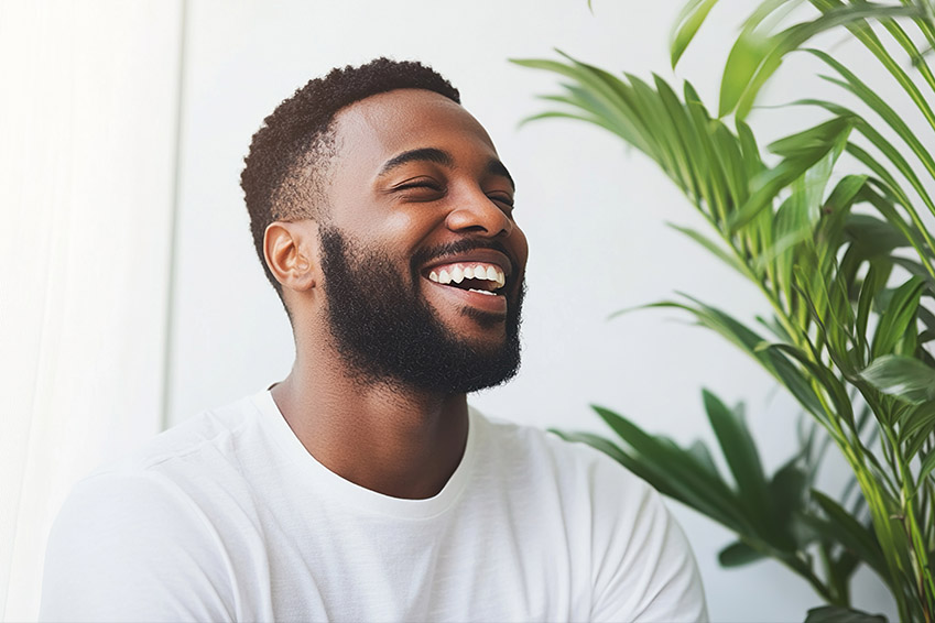 A man with a beard, smiling broadly, stands indoors with potted plants behind him.