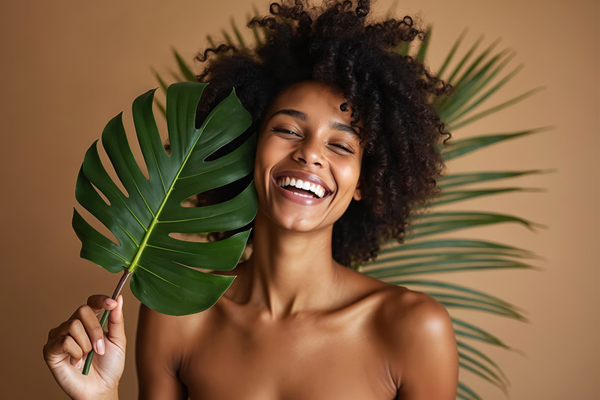 A woman with dark hair stands in front of a tropical plant, holding a large green leaf, smiling broadly at the camera.