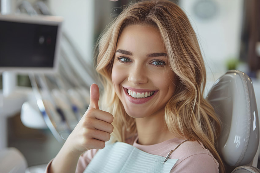 A woman with blonde hair giving a thumbs-up gesture while sitting in a dental chair.