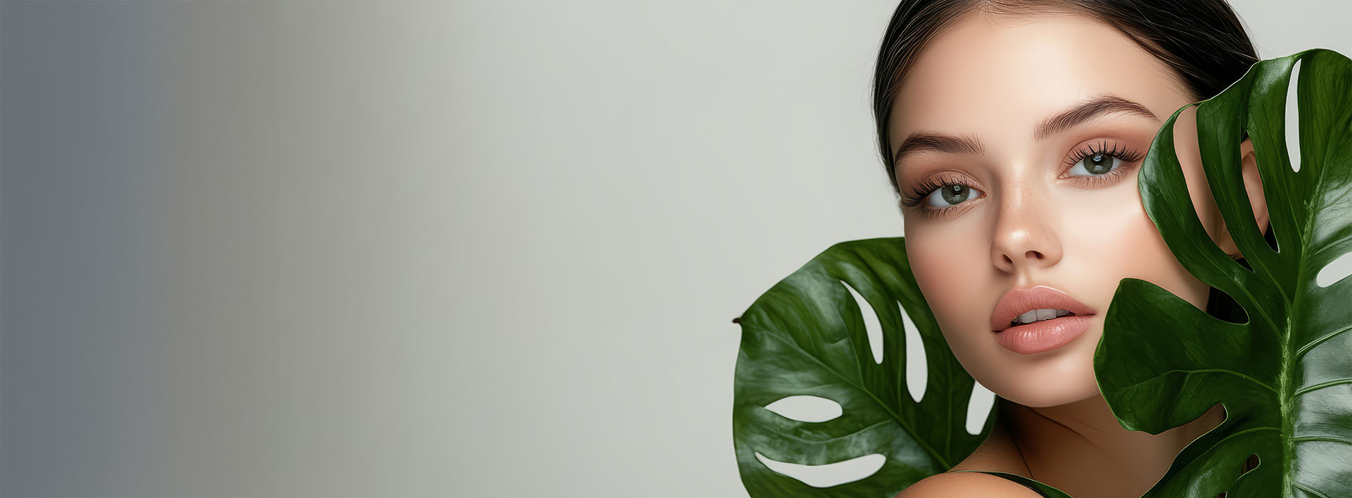 A woman with a neutral expression, set against a white background, holding a large green leaf close to her face, which partially obscures her features.