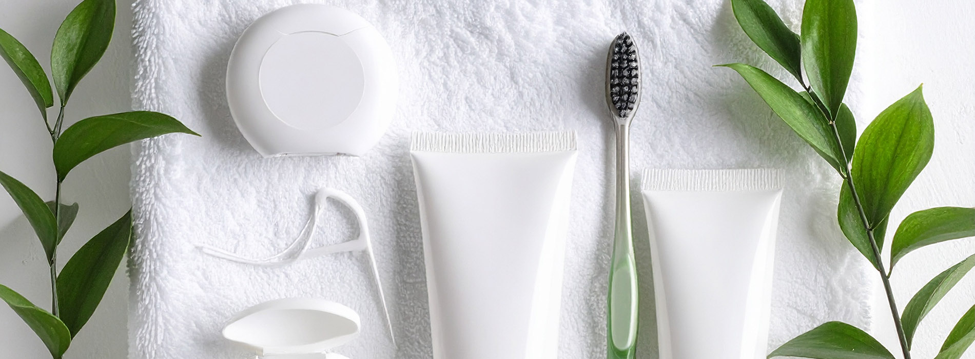 The image shows a collection of white items, including cups, toothbrushes, and other bathroom essentials, arranged on a surface with green foliage and set against a light background, creating an aesthetically pleasing still life composition.