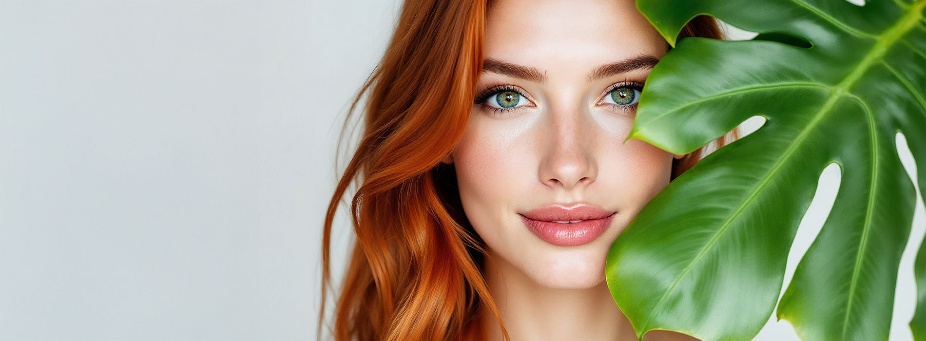 A woman with red hair and blue eyes peeking through a large green leaf.