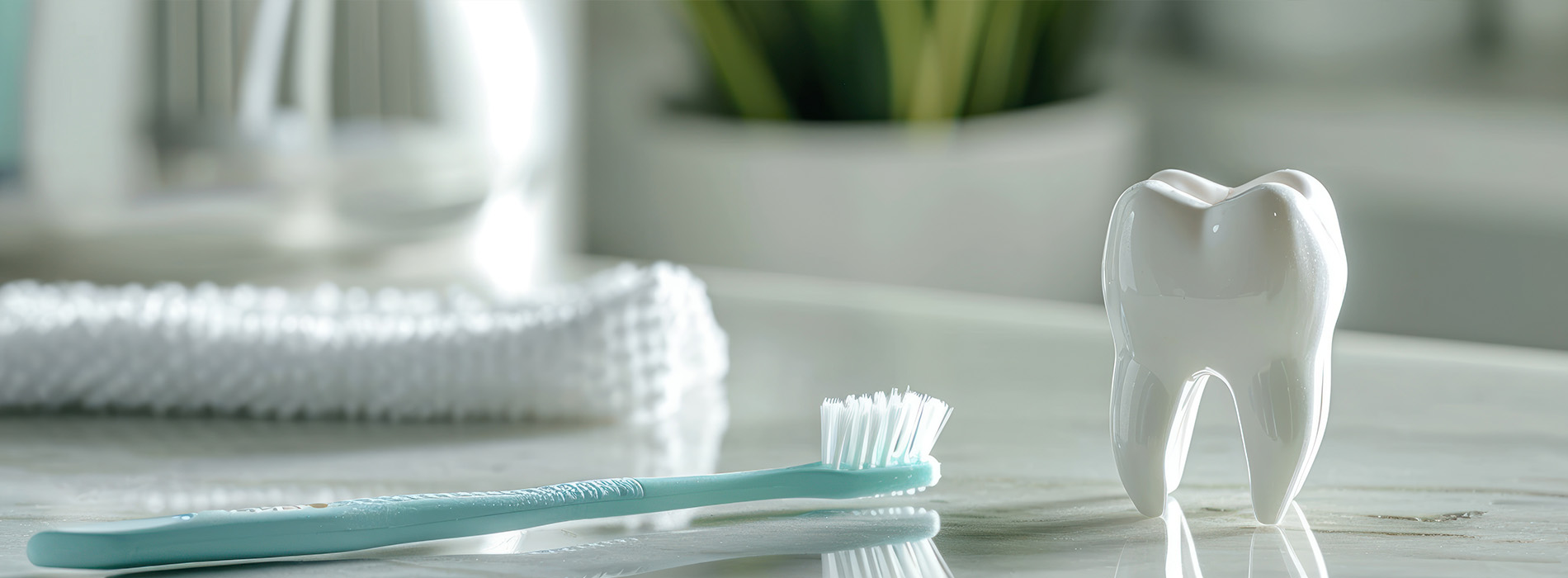 The image shows a white toothbrush placed next to a frosted glass tooth mug on a bathroom countertop with a blurred background.