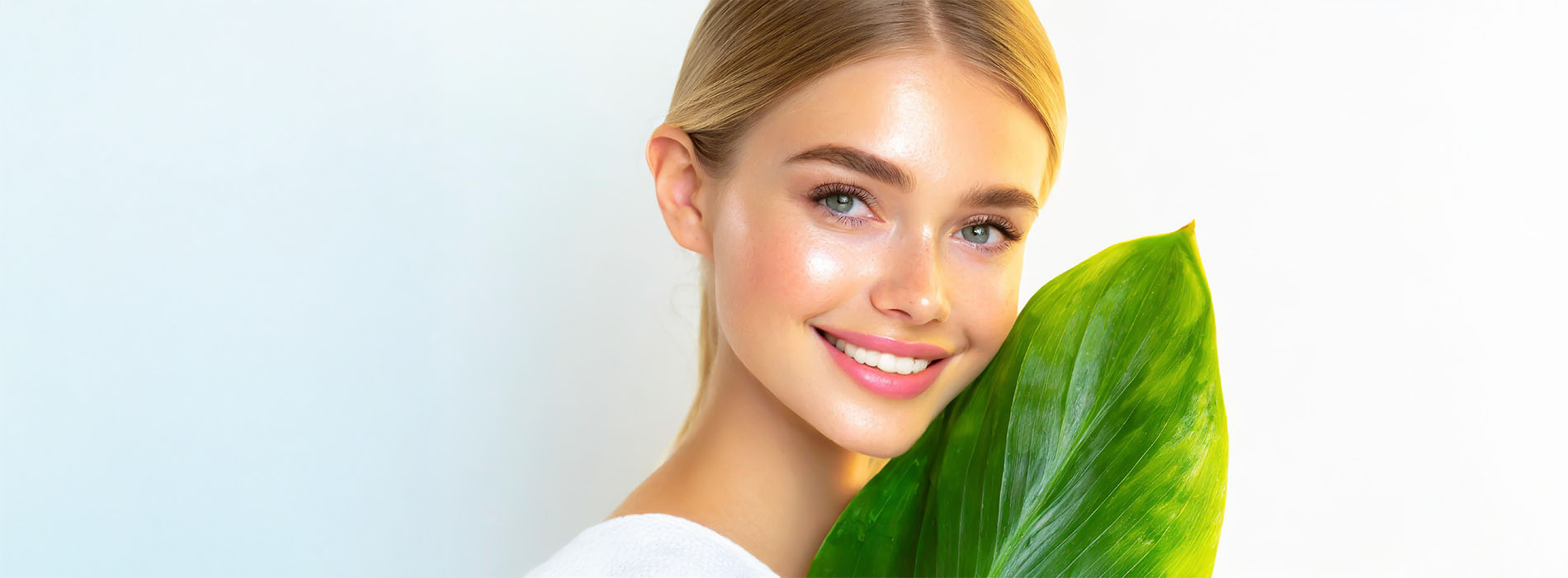 A woman with blonde hair holding a green plant against her face, smiling at the camera.