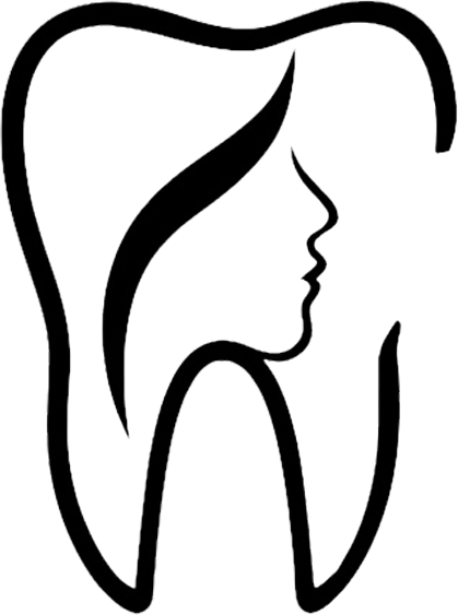 The image features a stylized illustration of a female profile with a toothy smile, rendered in black and white.