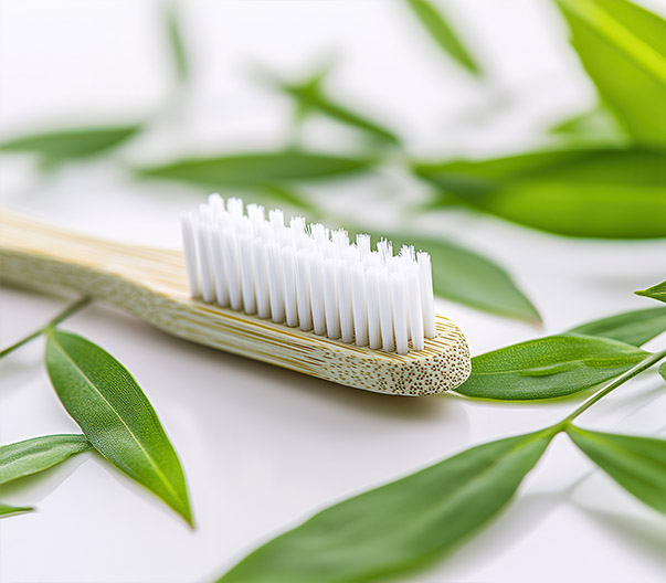 The image shows a toothbrush with bristles on top, placed next to green leaves, possibly suggesting an eco-friendly or natural theme.