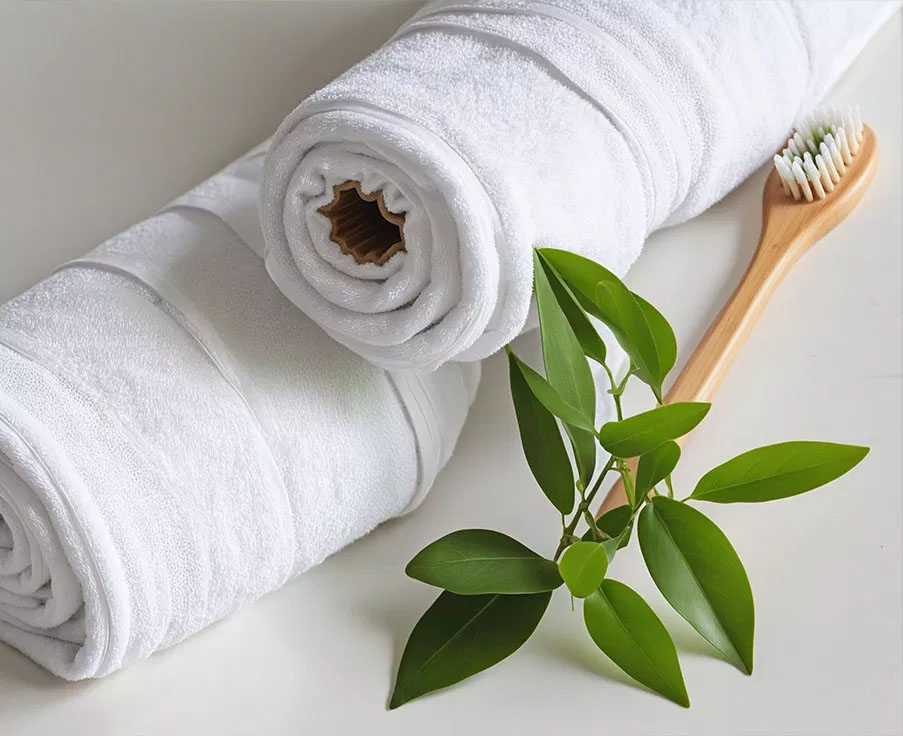 A neatly rolled bundle of white towels with a wooden brush placed on top, set against a light background.